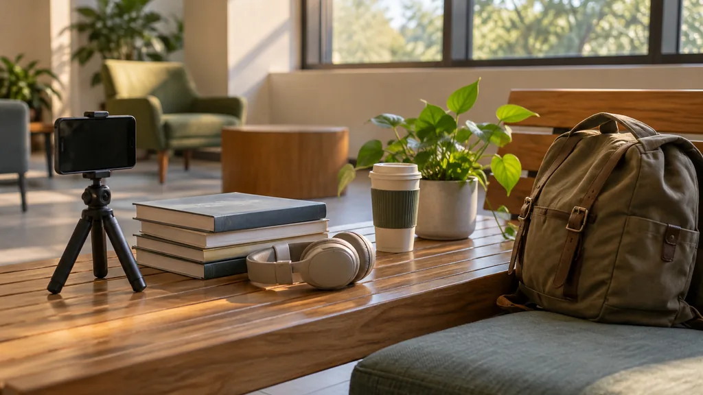 An empty campus study lounge: an empty campus study lounge with a smartphone on a small tripod beside a stack of textbooks, a canvas backpack on a wooden bench, a pair of headphones, a reusable coffee cup and a potted plant under soft morning light