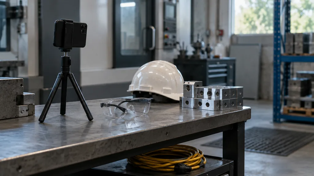 An empty factory floor corner: a quiet factory floor corner with a smartphone on a small tripod beside a steel workbench, a pair of safety glasses, a hard hat, a coiled extension cable and neatly stacked machined metal parts under cool overhead light