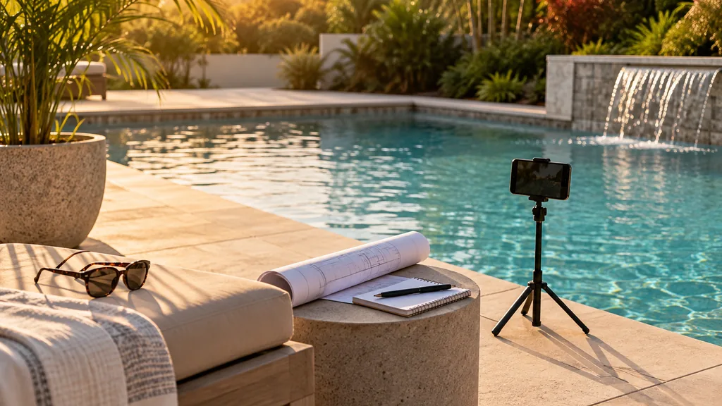 An empty backyard pool deck: a sunny backyard pool deck at golden hour with a smartphone on a small tripod beside the water, a rolled set of pool plans, a pair of sunglasses on a lounge chair and a potted palm, turquoise water rippling
