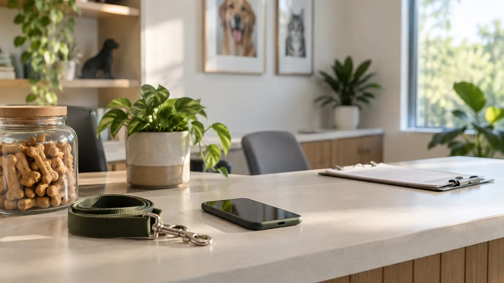 An empty veterinary clinic reception corner: a calm veterinary clinic reception corner with a smartphone resting on the counter beside a jar of dog treats, a folded pet leash, a small potted plant and a clipboard, soft morning light