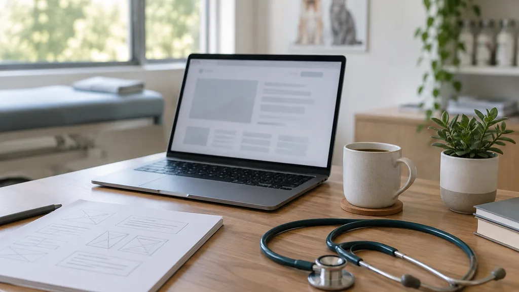 An empty veterinary clinic office desk: a tidy veterinary clinic office desk with an open laptop showing an abstract blurred layout, a stethoscope, a paper sketch of page wireframes, a coffee mug and a small succulent, soft daylight
