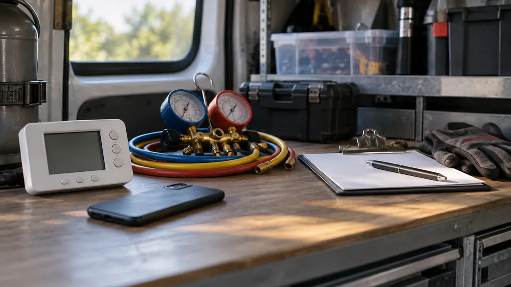 An empty HVAC service workbench: a tidy HVAC service van workbench with a smartphone face down, a digital thermostat, a coiled refrigerant gauge set, a clipboard and work gloves, soft morning light