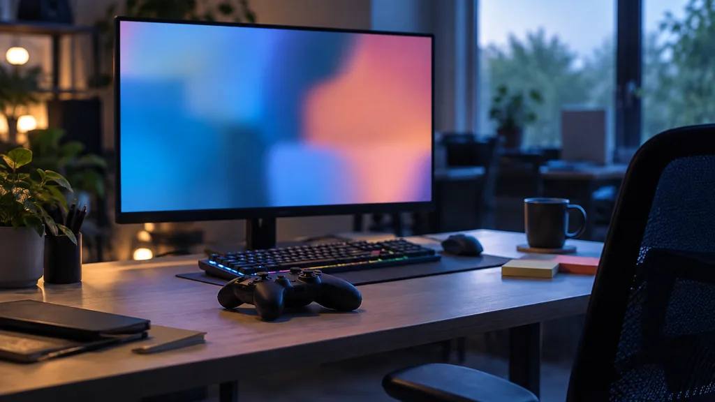 An empty game studio test lab: a quiet game studio test lab with a gaming keyboard, a controller resting on a desk, a monitor showing only soft abstract colour blocks, sticky notes with no writing and a coffee mug, cool evening light