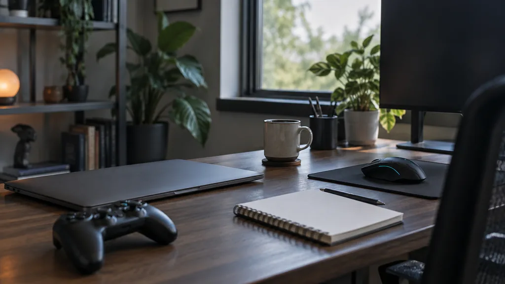 An empty game studio analytics desk: a quiet game studio analytics desk with a gaming mouse, a controller, a closed laptop, a notebook with no writing and a coffee mug, cool morning light