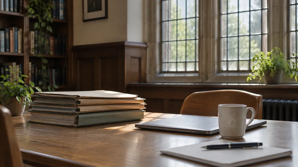 An empty university staff room: a quiet university staff room with an oak table, a stack of unmarked folders, a closed laptop, a coffee cup and tall leaded windows with soft daylight