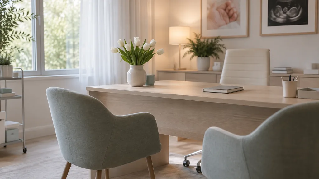 An empty fertility clinic consultation room: a calm fertility clinic consultation room with a pale wooden desk, two empty armchairs, a vase of white tulips, a closed notebook and soft daylight through sheer curtains