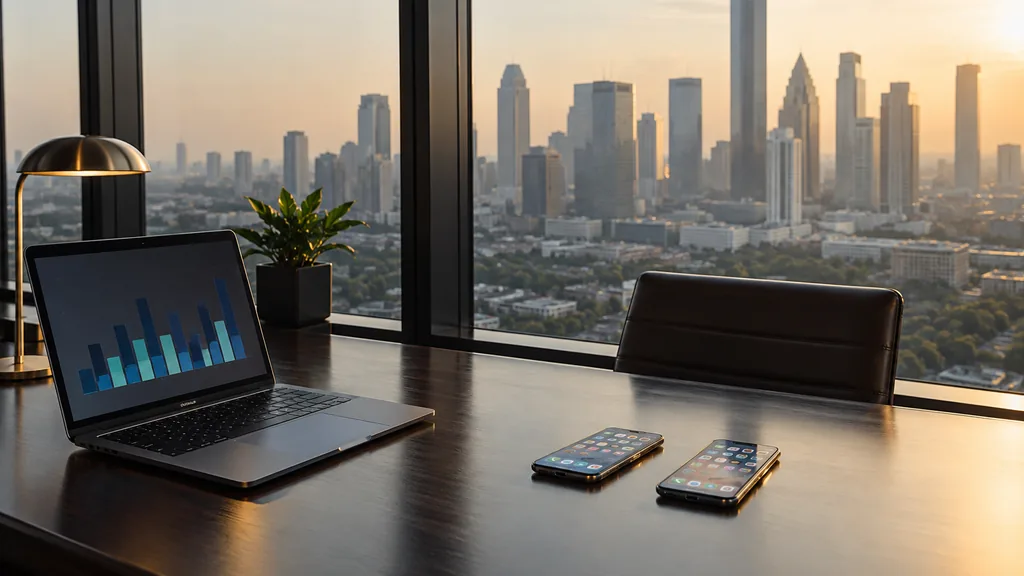 Workspace setting for a Houston Apple Search Ads agency: a Houston high-rise office with a wide window onto a hazy skyline, a dark wood desk with a laptop showing abstract bar charts and two smartphones with colourful app screens, warm late light