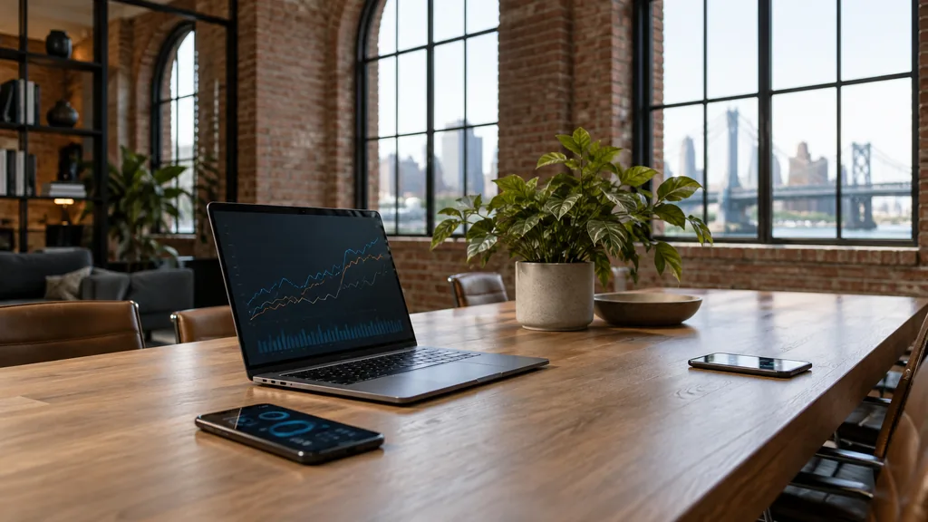 Workspace setting for a Philadelphia Apple Search Ads agency: a Philadelphia office in a converted brick warehouse with tall arched windows, a long oak table with a laptop showing abstract line graphs, smartphones with app screens and soft daylight