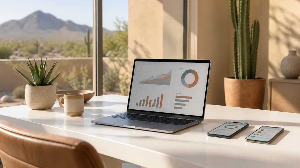 Workspace setting for a Phoenix Apple Search Ads agency: a bright Phoenix office with desert-tone walls and a cactus in a clay pot, a white desk with a laptop showing abstract charts, smartphones with app screens and strong clear sunlight