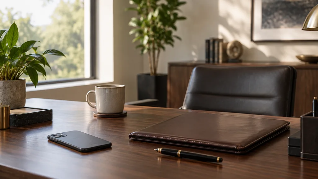 An empty wealth management office: a quiet wealth management office with a walnut desk, a smartphone lying face down, a leather portfolio folder, a fountain pen, a ceramic coffee cup and a small potted plant, soft morning light