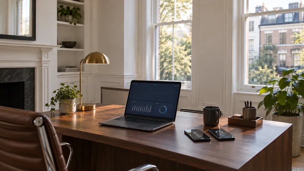 Workspace setting for a Washington DC Apple Search Ads agency: a Washington DC townhouse office with tall sash windows and white trim, a walnut desk with a laptop showing abstract graphs, smartphones with app screens and soft morning light