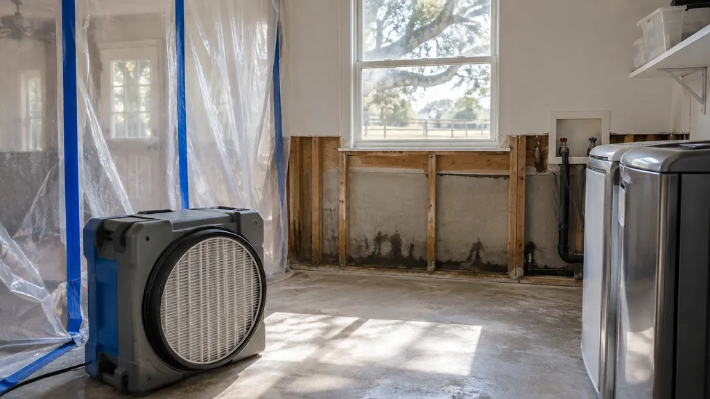Mold remediation job: a single-story Texas ranch house laundry room with drywall cut away below a window, a HEPA air scrubber and plastic containment sheeting, bright afternoon light
