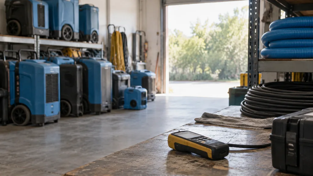 An empty restoration equipment bay: a restoration company equipment bay with stacked dehumidifiers, coiled hoses, a moisture meter on a workbench and soft morning light through a roll-up door