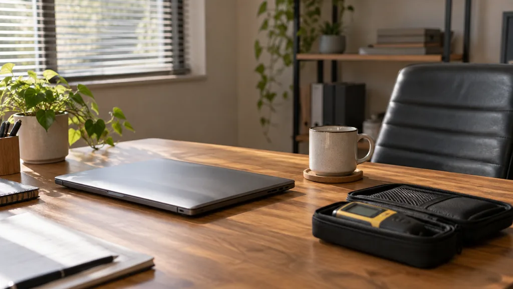 An empty restoration company office: a quiet restoration company office with a wooden desk, a closed laptop, a folded moisture meter case, a coffee mug and soft morning light through blinds