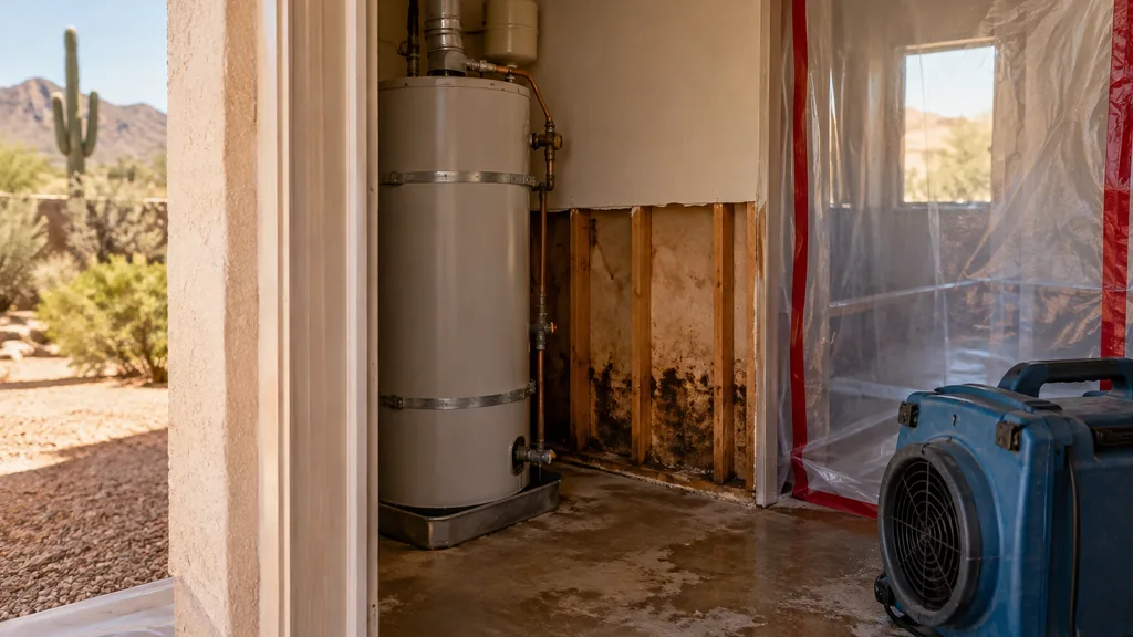 Mold remediation job: a desert stucco home utility closet beside a water heater with stained drywall removed, plastic containment sheeting and a HEPA air scrubber, warm dry light