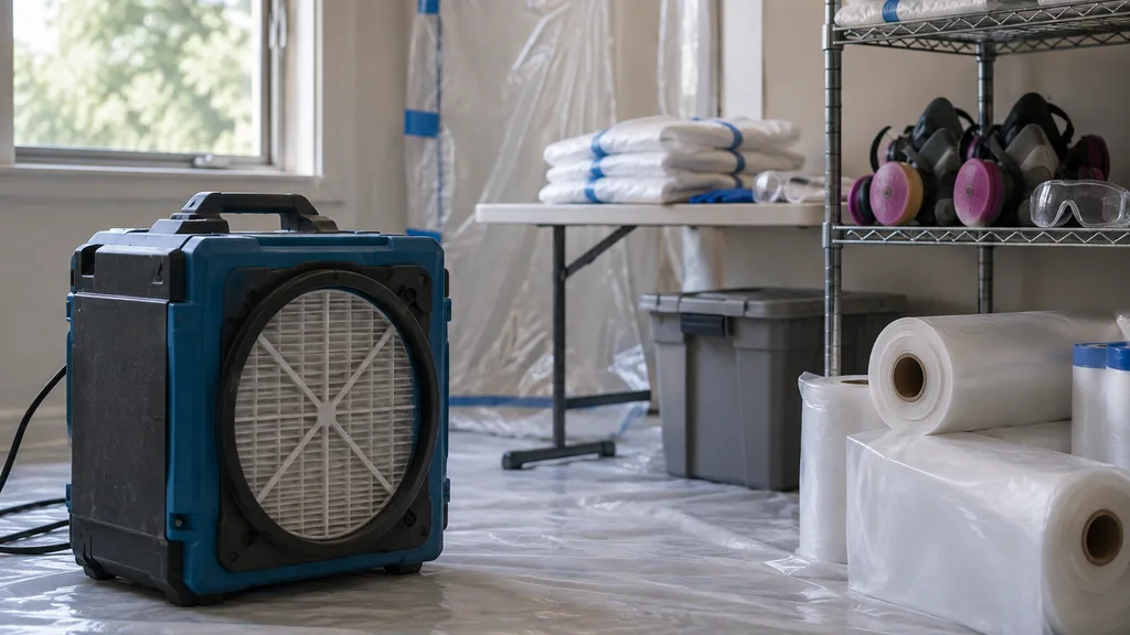 An empty mold remediation staging area: a mold remediation crew staging area with a HEPA air scrubber, folded protective suits, respirator masks on a shelf and plastic sheeting rolls in soft light