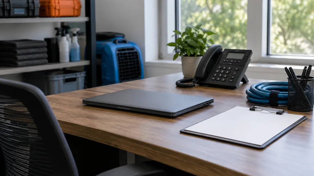 An empty remediation dispatch desk: a tidy remediation company dispatch desk with a closed laptop, a desk phone, a clipboard with no writing, a coiled cable and soft daylight