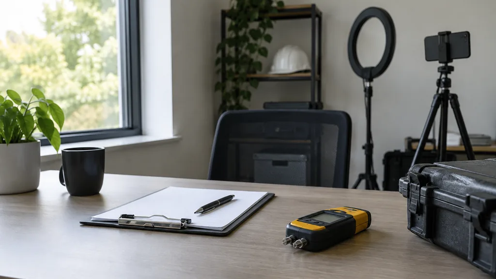 An empty small restoration company office: a small restoration company office with a phone on a tripod, a ring light switched off, a clipboard and a moisture meter on a desk by a window