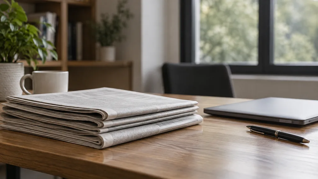 An empty communications office: a calm communications office with a wooden table, a stack of blank folded newspapers, a closed laptop, a pen and soft overcast light