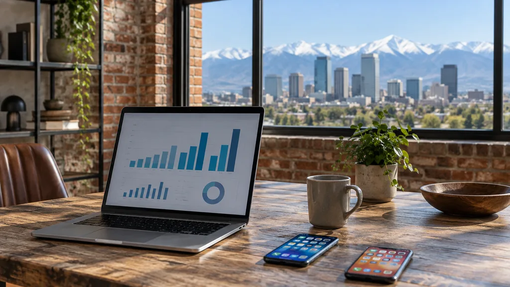 Workspace setting for a Denver Apple Search Ads agency: a Denver loft office with exposed brick and a wide window toward distant snowy mountains, a reclaimed wood desk with a laptop showing abstract bar charts and two smartphones with colourful app screens, crisp morning light