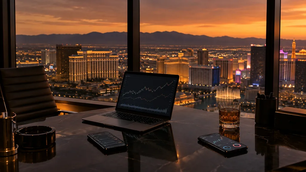 Workspace setting for a Las Vegas Apple Search Ads agency: a Las Vegas office high above the desert at dusk with warm city lights below, a dark glass desk with a laptop showing abstract line graphs and smartphones with app screens, amber evening glow
