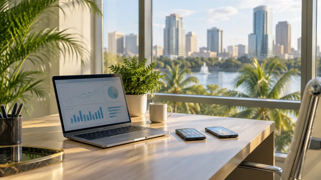 Workspace setting for a Orlando Apple Search Ads agency: a bright Orlando office with palm fronds outside a tall window, a white oak desk with a laptop showing abstract charts, smartphones with colourful app screens and soft humid sunlight