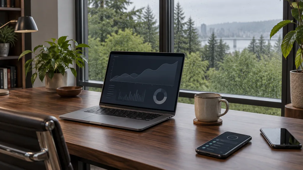 Workspace setting for a Portland Apple Search Ads agency: a Portland office with tall windows onto green trees and light rain, a walnut desk with a laptop showing abstract graphs, smartphones with app screens and a ceramic coffee cup, soft grey daylight