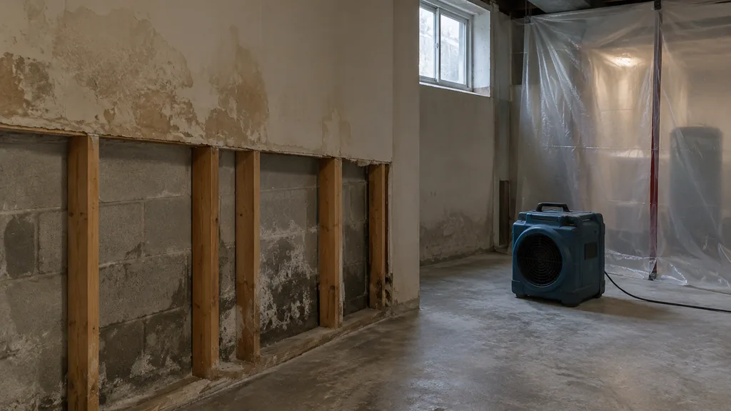 Mold remediation job: an older brick bungalow basement with stained drywall cut away near a block wall, plastic containment sheeting and a HEPA air scrubber, cool overcast light from a small window