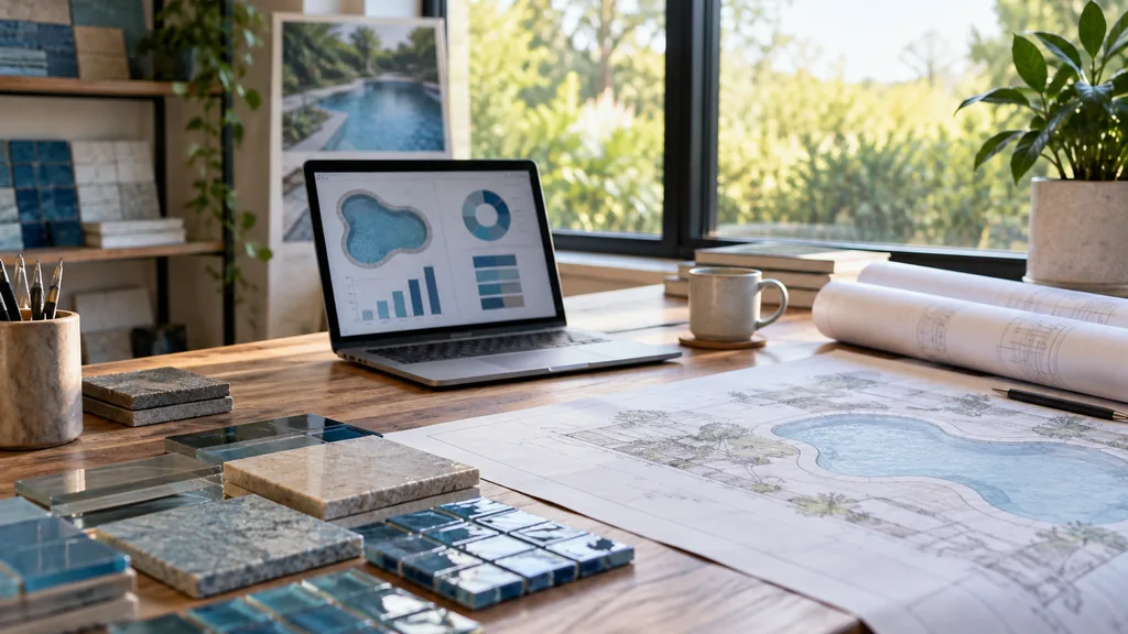 An empty pool builder design office: a pool builder design office with a laptop showing abstract colored charts, rolled pool blueprints, tile samples and a coffee mug on a wooden desk by a window
