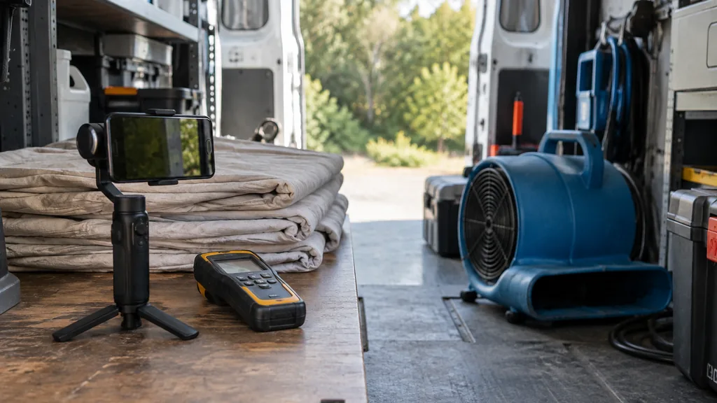 An empty restoration van interior: a restoration van interior with a smartphone on a small gimbal, a moisture meter, folded drop cloths and an air mover, soft daylight through the rear doors