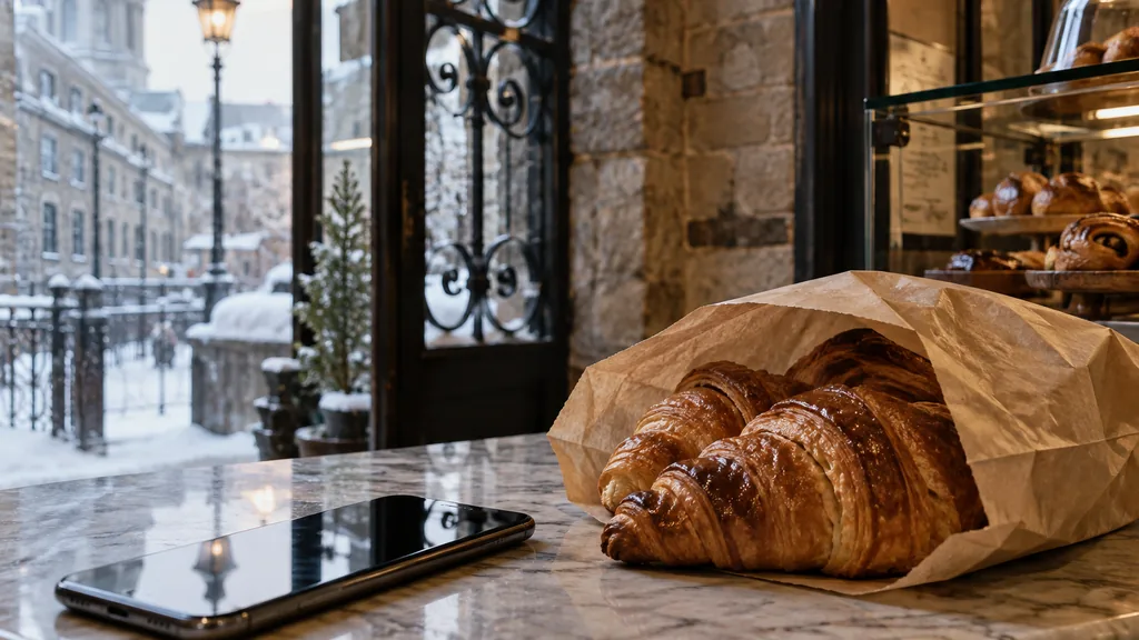 Everyday business setting for a Montreal SMS marketing campaign: a Montreal bakery counter in an old stone building with a smartphone beside a paper bag of croissants, wrought iron details and soft snowy morning light