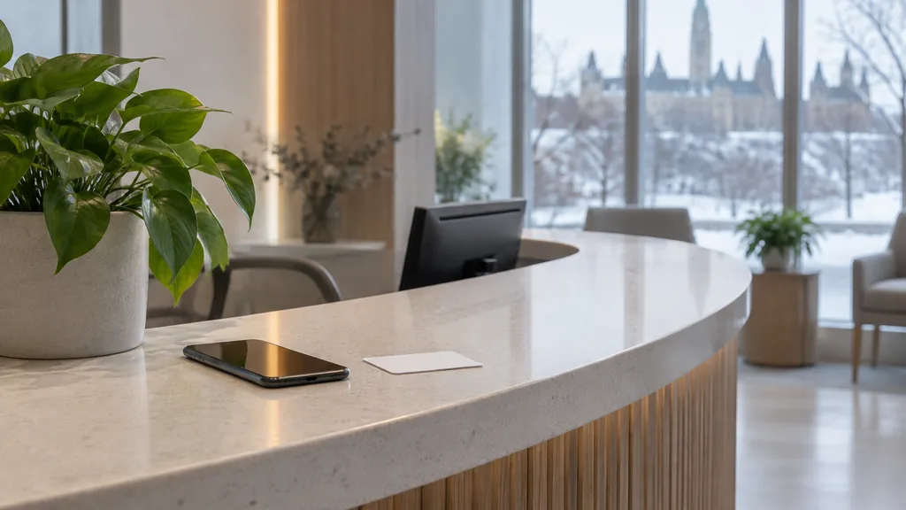 Everyday business setting for a Ottawa SMS marketing campaign: an Ottawa clinic reception desk with a smartphone beside an appointment card, a potted plant and pale winter afternoon light through tall windows