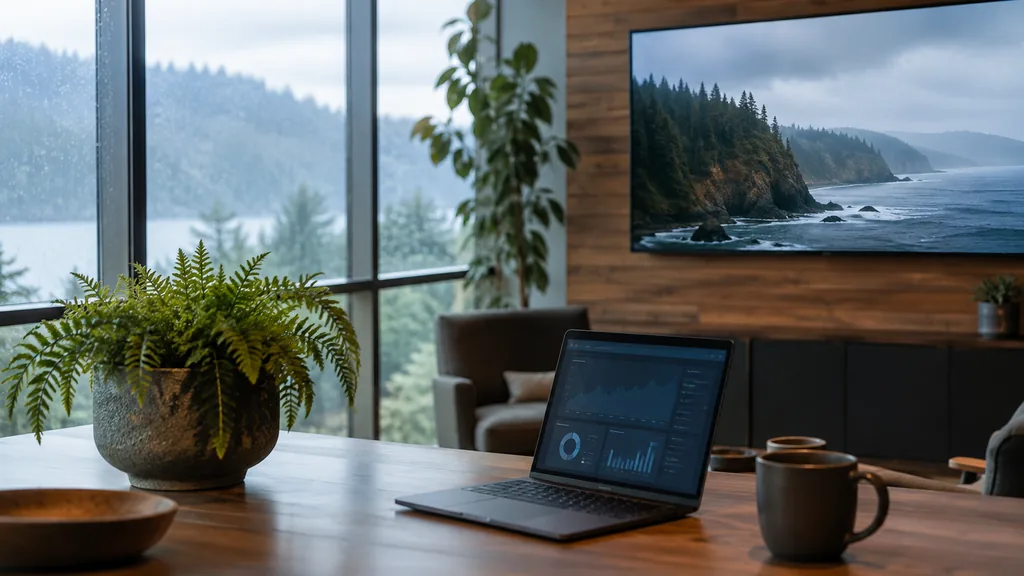 Work setting for a Vancouver programmatic and CTV agency: a West Coast media office with a large streaming TV screen on a cedar wall, a laptop showing a dashboard, a potted fern and soft rainy Pacific light through tall windows