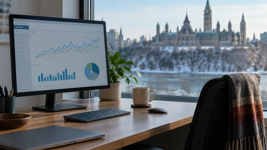 Work setting for a Ottawa Microsoft (Bing) Ads agency: a quiet Ottawa office with a desktop monitor showing search campaign charts, a wool scarf on a chair, a coffee mug and cold clear winter daylight through a window