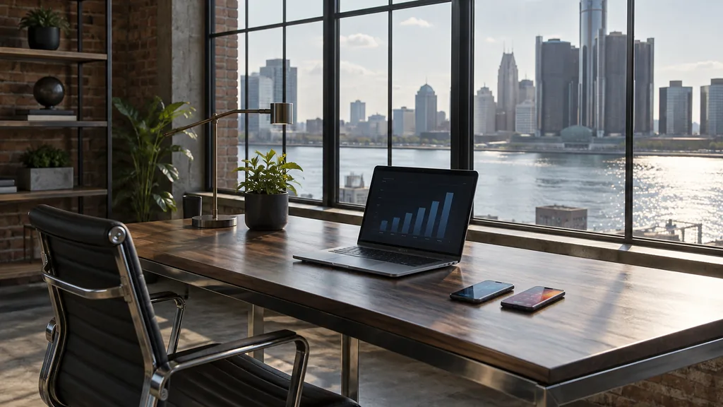 Workspace setting for a Detroit Apple Search Ads agency: a Detroit office in a restored brick building with tall factory windows over the river, a steel and walnut desk with a laptop showing abstract bar charts and two smartphones with colourful app screens, cool morning light