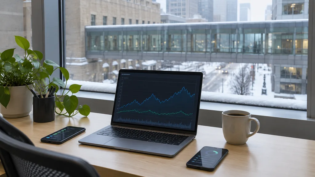 Workspace setting for a Minneapolis Apple Search Ads agency: a Minneapolis skyway-level office with snow on the window ledge, a pale birch desk with a laptop showing abstract line graphs, smartphones with app screens and a mug of coffee, soft winter daylight