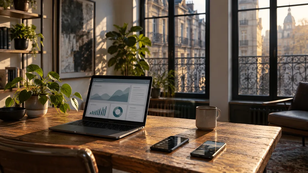 Workspace setting for a Montreal Apple Search Ads agency: a Montreal studio office with arched windows and wrought-iron balconies outside, a worn oak desk with a laptop showing abstract charts and smartphones with app screens, warm late-afternoon light