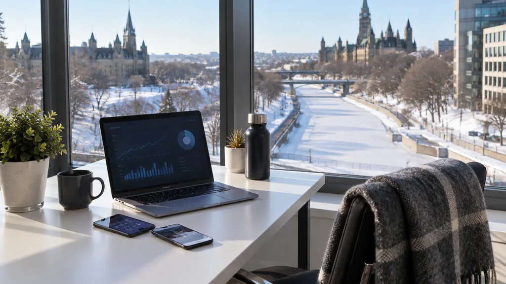 Workspace setting for a Ottawa Apple Search Ads agency: an Ottawa office overlooking a frozen canal through a tall window, a white desk with a laptop showing abstract graphs, smartphones with app screens and a wool scarf on the chair, crisp blue daylight