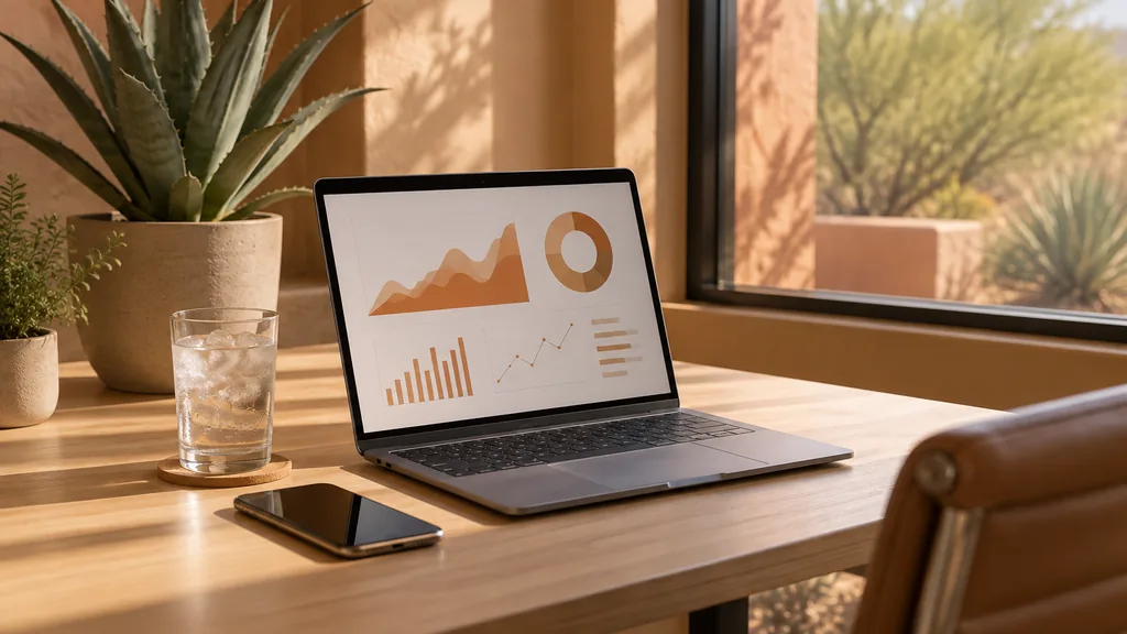 Workspace setting for a Phoenix Reddit ads agency: a Phoenix office with adobe-toned walls and warm desert morning light, a laptop showing abstract orange charts, a smartphone and a glass of iced water on a pale oak desk, a potted agave nearby