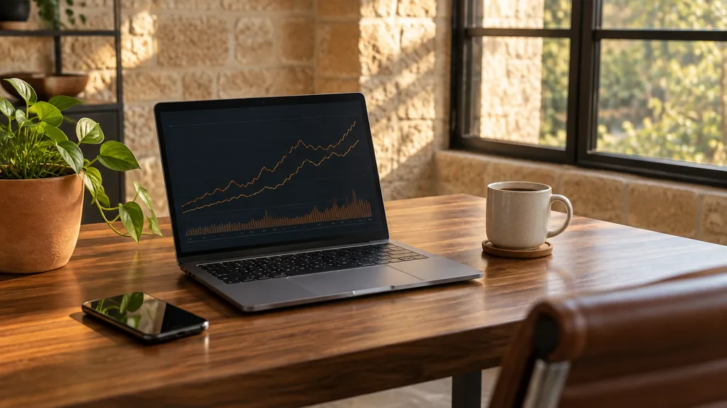 Workspace setting for a San Antonio Reddit ads agency: a San Antonio office with limestone walls and warm afternoon light, a laptop showing abstract orange line graphs, a smartphone and a coffee mug on a walnut desk, a terracotta planter nearby