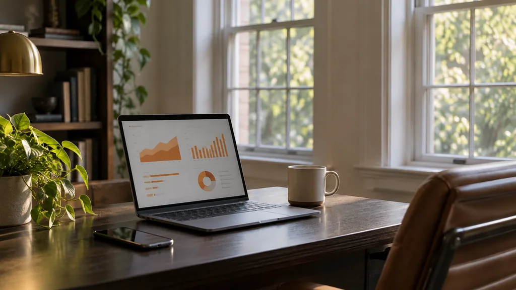 Workspace setting for a Washington DC Reddit ads agency: a Washington DC rowhouse office with tall sash windows and soft morning light, a laptop showing abstract orange dashboards, a smartphone and a ceramic cup on a dark wood desk, a leafy plant nearby