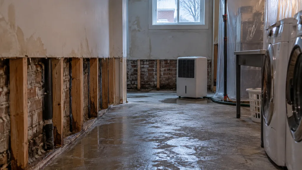 Mold remediation job: a basement laundry room in an older Ottawa brick house with water-stained drywall removed near the floor, plastic containment sheeting and a dehumidifier, cold late-winter light through a small window