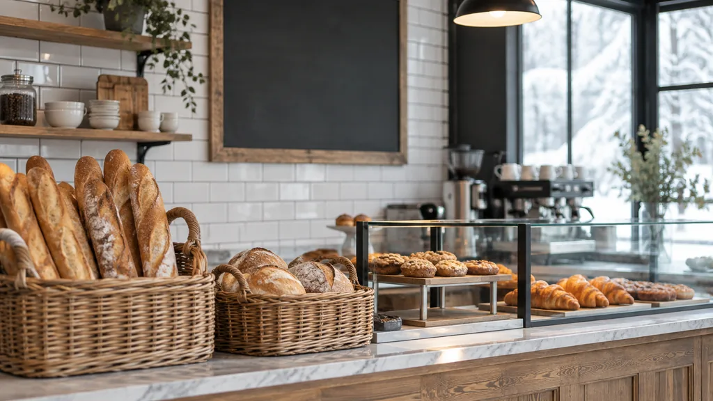 Franchise business setting: a franchise bakery cafe counter with fresh baguettes in wicker baskets, a chalkboard menu without writing, white subway tiles and soft snowy window light, empty before opening