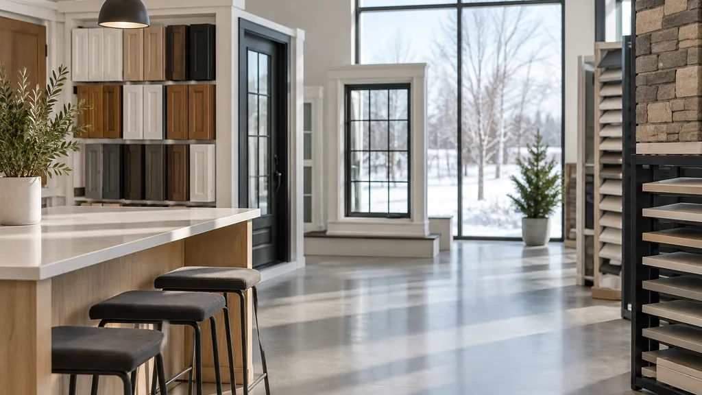 Franchise business setting: a franchise home services showroom with neatly arranged product samples, a light wood counter and crisp winter daylight through tall windows, empty