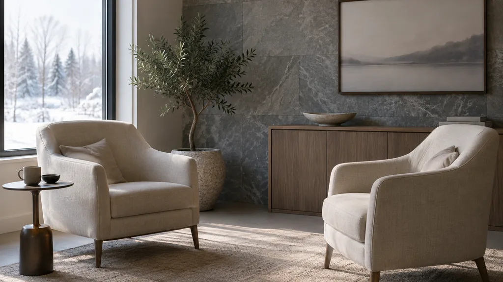Fertility clinic setting: a calm clinic consultation room with a grey stone wall, two linen armchairs, a small olive tree in a ceramic pot and soft snowy window light