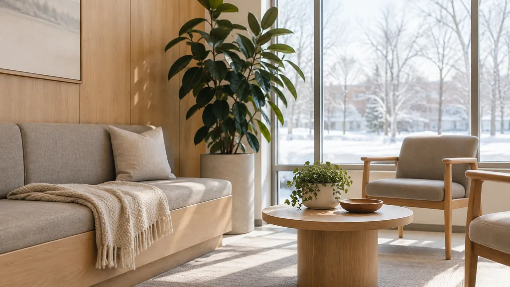 Fertility clinic setting: a quiet clinic waiting lounge with light maple panelling, a wool throw on a bench, a tall rubber plant and crisp winter daylight through large windows