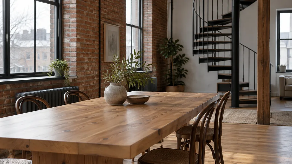 Office setting: a bright Plateau-style office with exposed red brick, a long pine table, bentwood chairs, a spiral iron staircase in the background and soft winter daylight