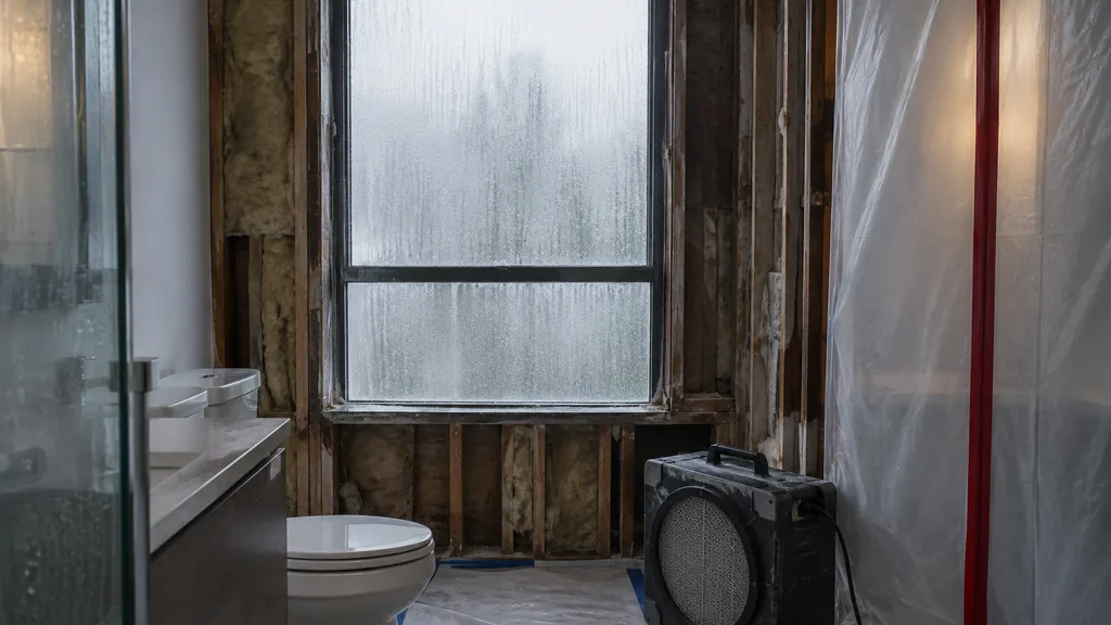 Mold remediation job: a condo bathroom in an older Vancouver building with drywall removed around a window frame streaked with condensation, plastic containment sheeting and a HEPA air scrubber, soft grey rainy-day light, no buildings or landmarks visible through windows