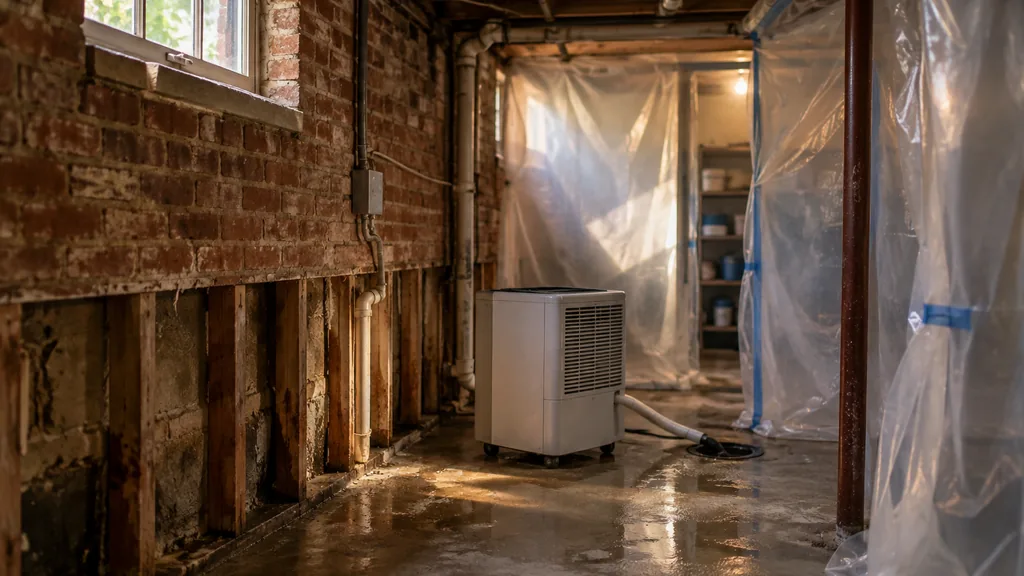Mold remediation job: the basement of an older brick Washington DC rowhouse with damp drywall cut away near the floor, plastic containment sheeting and a dehumidifier, warm humid summer light from a small window, no landmarks visible