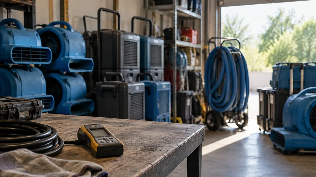 An empty restoration equipment bay: a restoration company equipment bay with stacked dehumidifiers, air movers, coiled hoses and a moisture meter on a workbench in soft morning light through a roll-up door